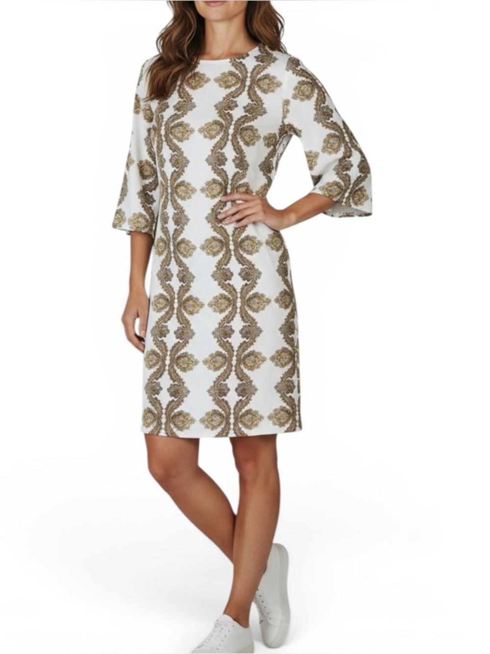 H&M Sz 8 white & brown dress lightweight casual career rayon |  EUC